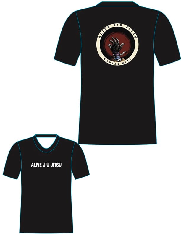 Dri-fit T-Shirts: Black dri-fit tee, front and back, with the Alive Jiu Jitsu Kansas City circle logo