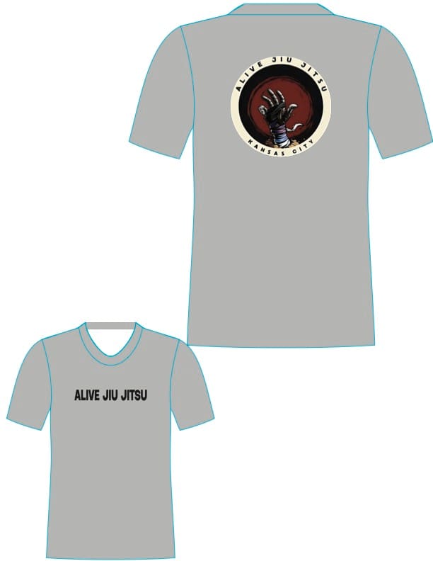 Dri-fit T-Shirts: Gray dri-fit tee, front and back, with the Alive Jiu Jitsu Kansas City circle logo