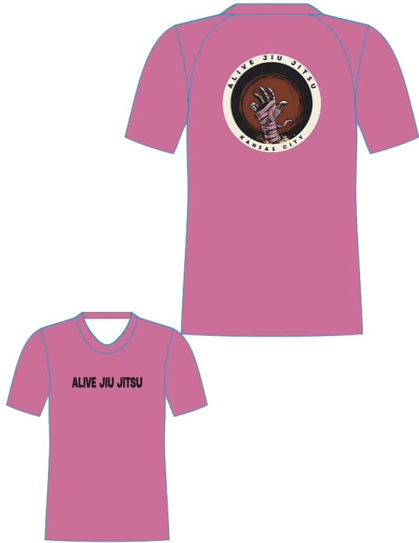Dri-fit T-Shirts: Pink dri-fit tee, front and back, with the Alive Jiu Jitsu Kansas City circle logo