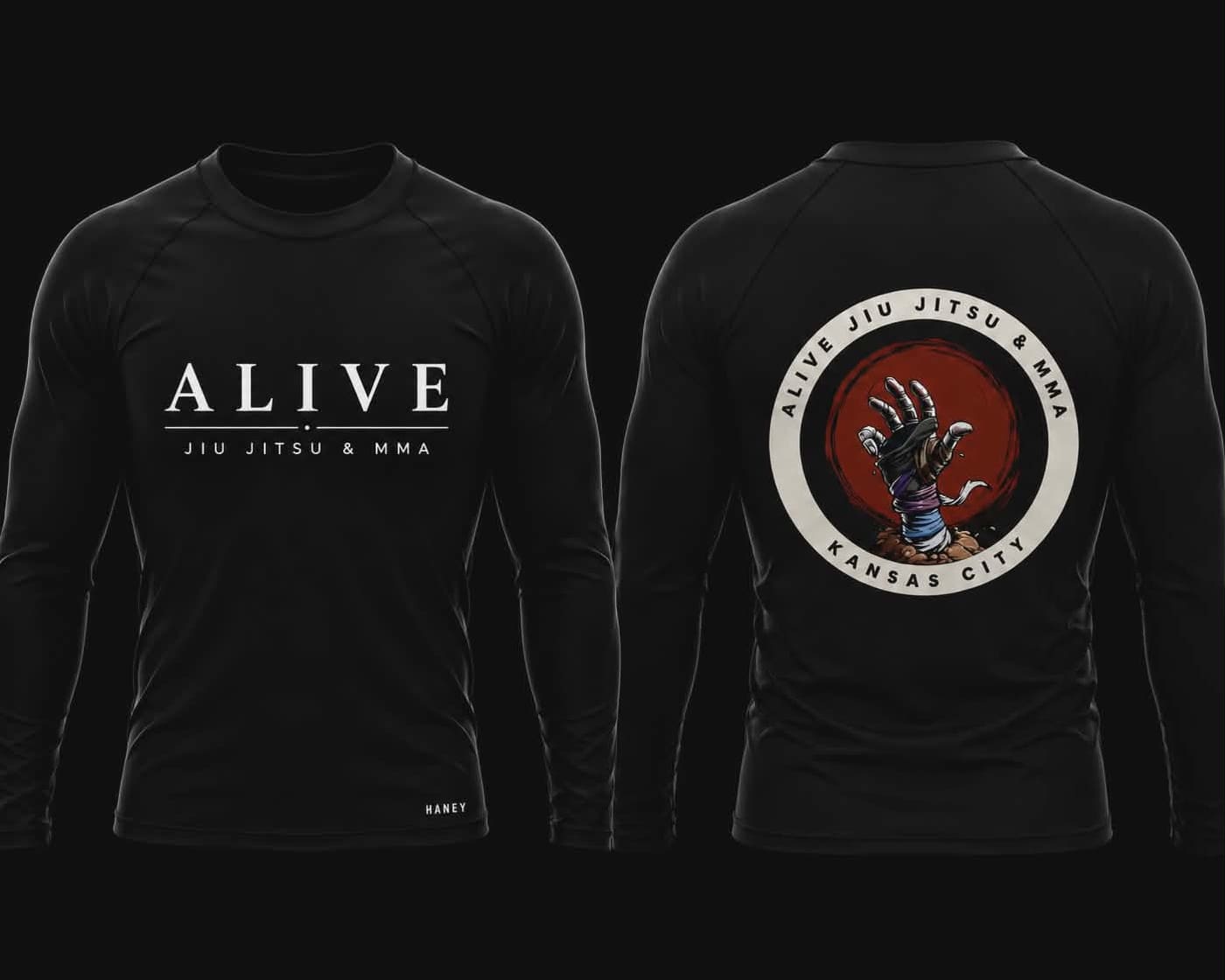 Adult Rash Guards and Shorts: All-black rash guard for any rank, front and back