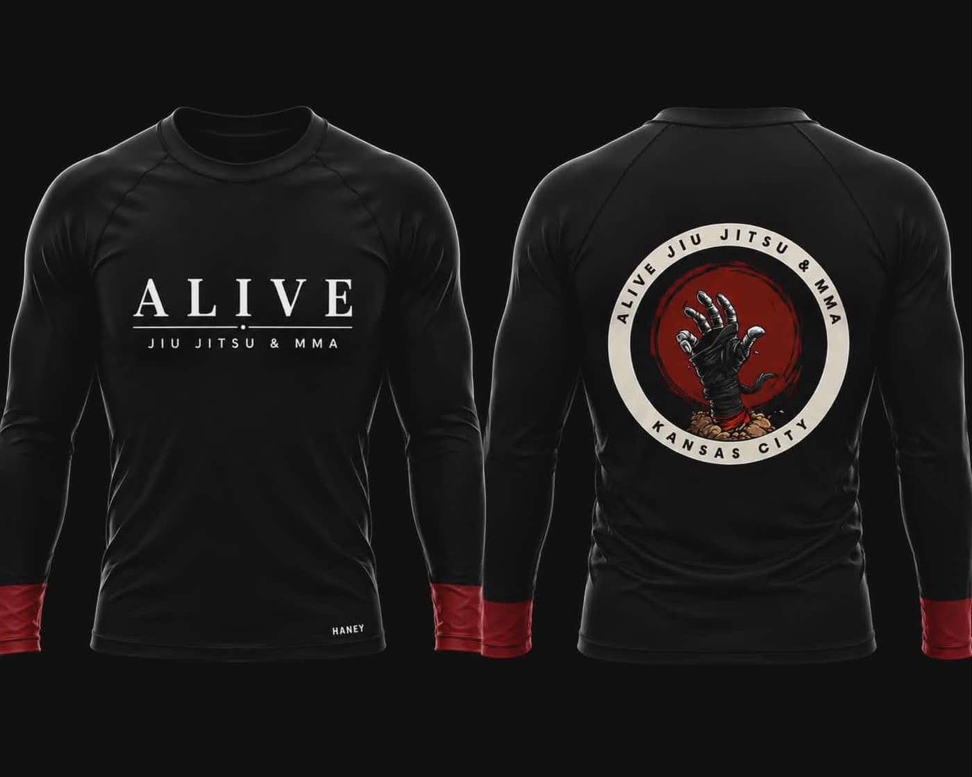 Adult Rash Guards and Shorts: Black belt rash guard with red cuffs, front and back