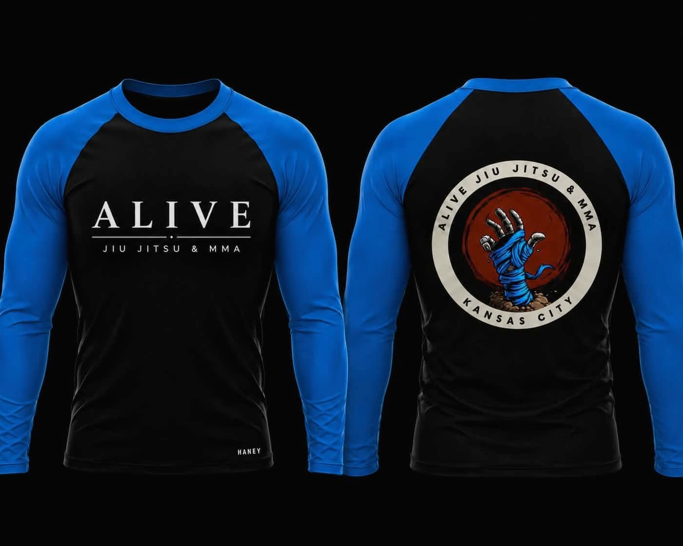 Adult Rash Guards and Shorts: Blue belt rash guard, front and back