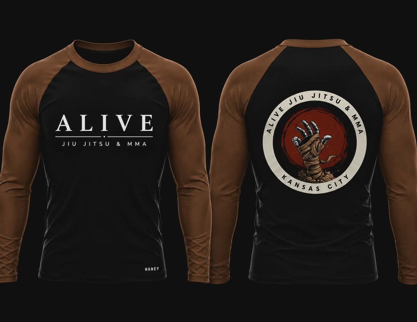Adult Rash Guards and Shorts: Brown belt rash guard, front and back