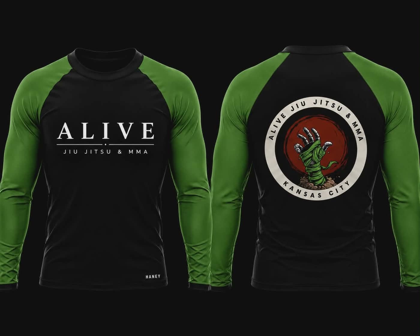 Kids Rash Guards and Shorts: Kids green belt rash guard, front and back