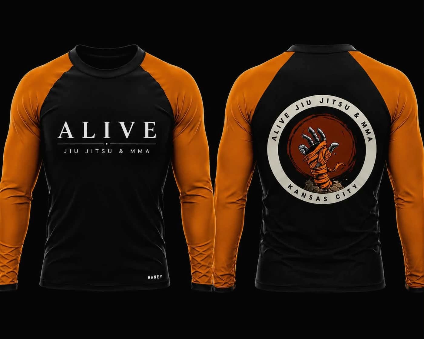 Kids Rash Guards and Shorts: Kids orange belt rash guard, front and back