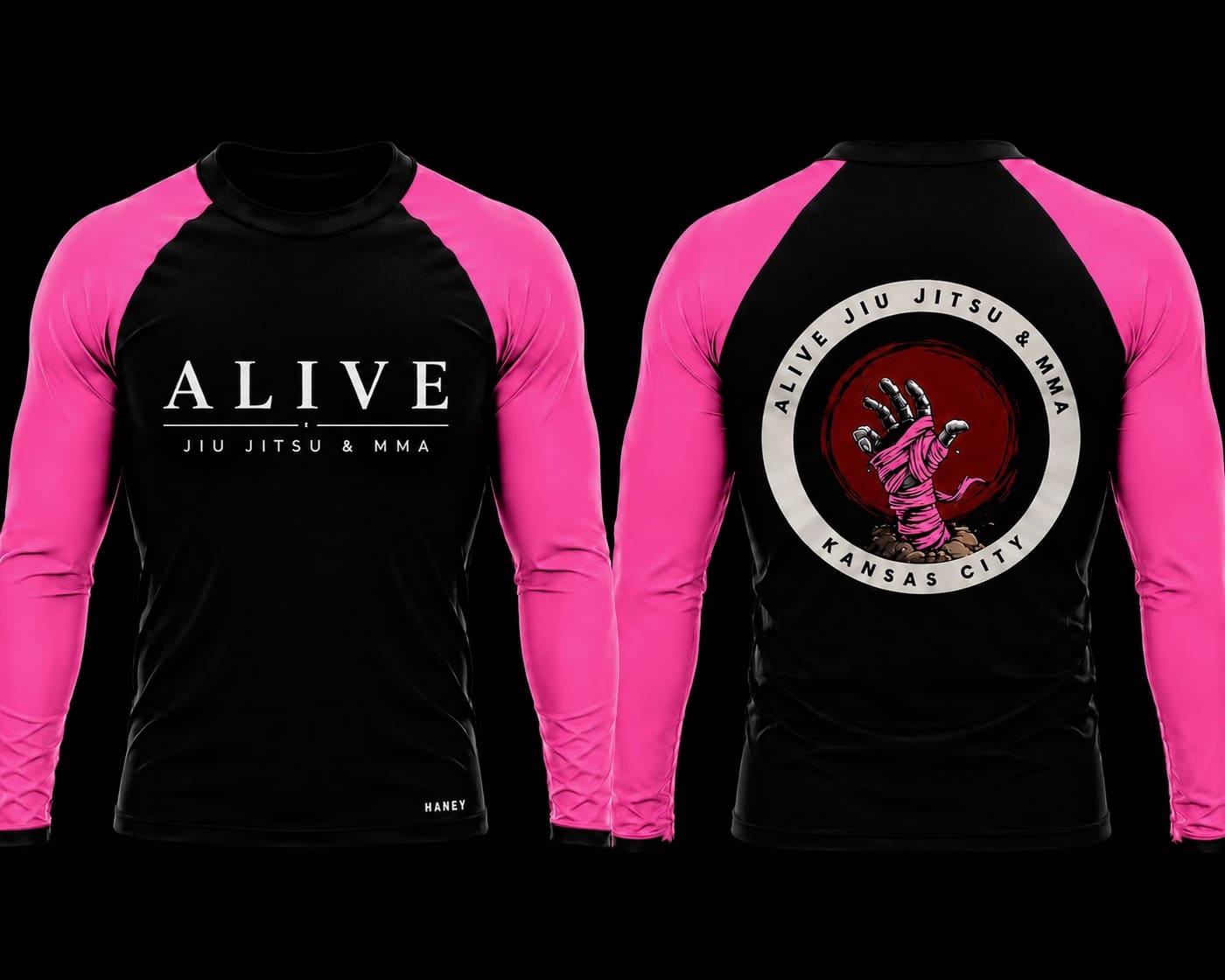 Adult Rash Guards and Shorts: Pink rash guard for any rank, front and back