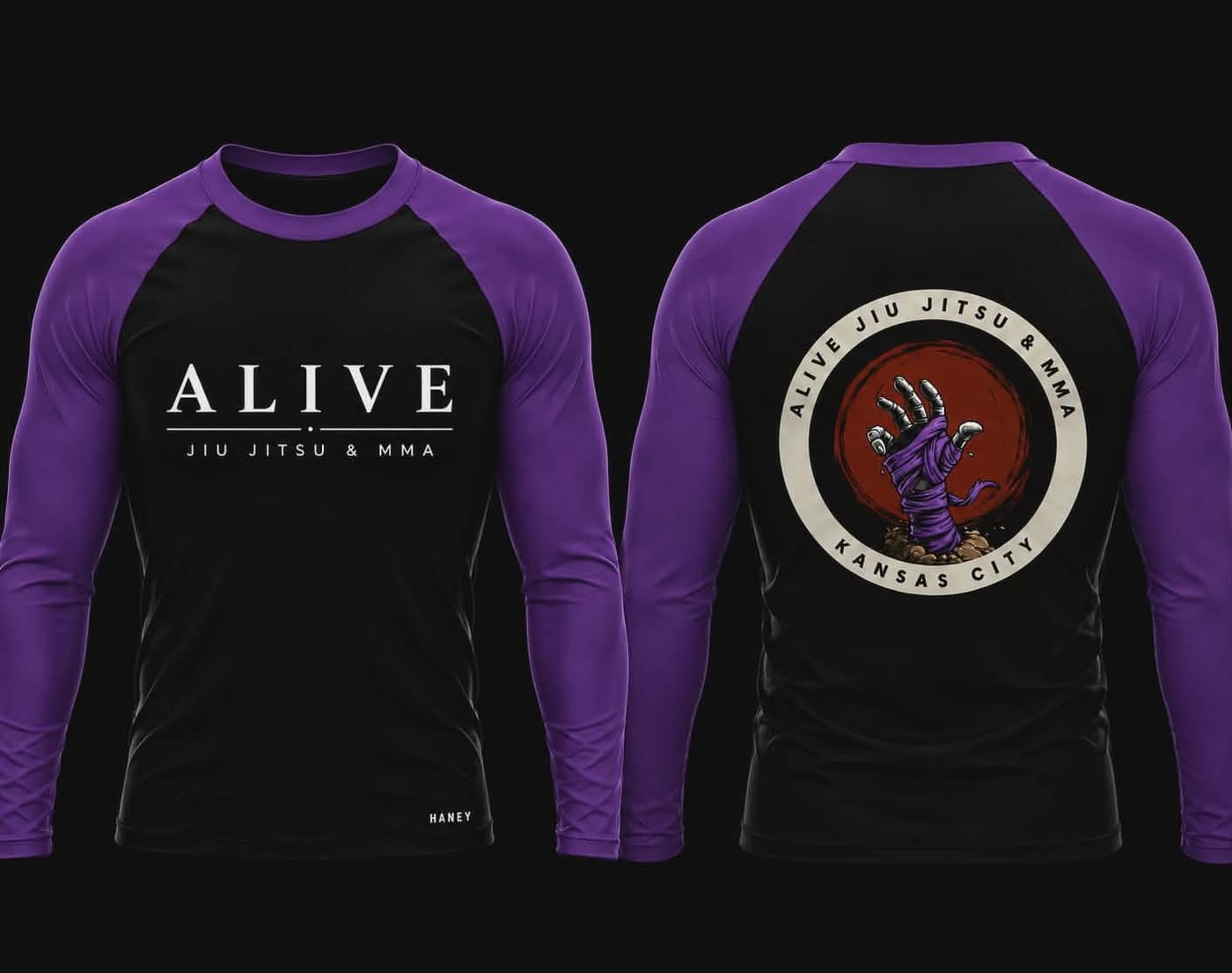 Adult Rash Guards and Shorts: Purple belt rash guard, front and back