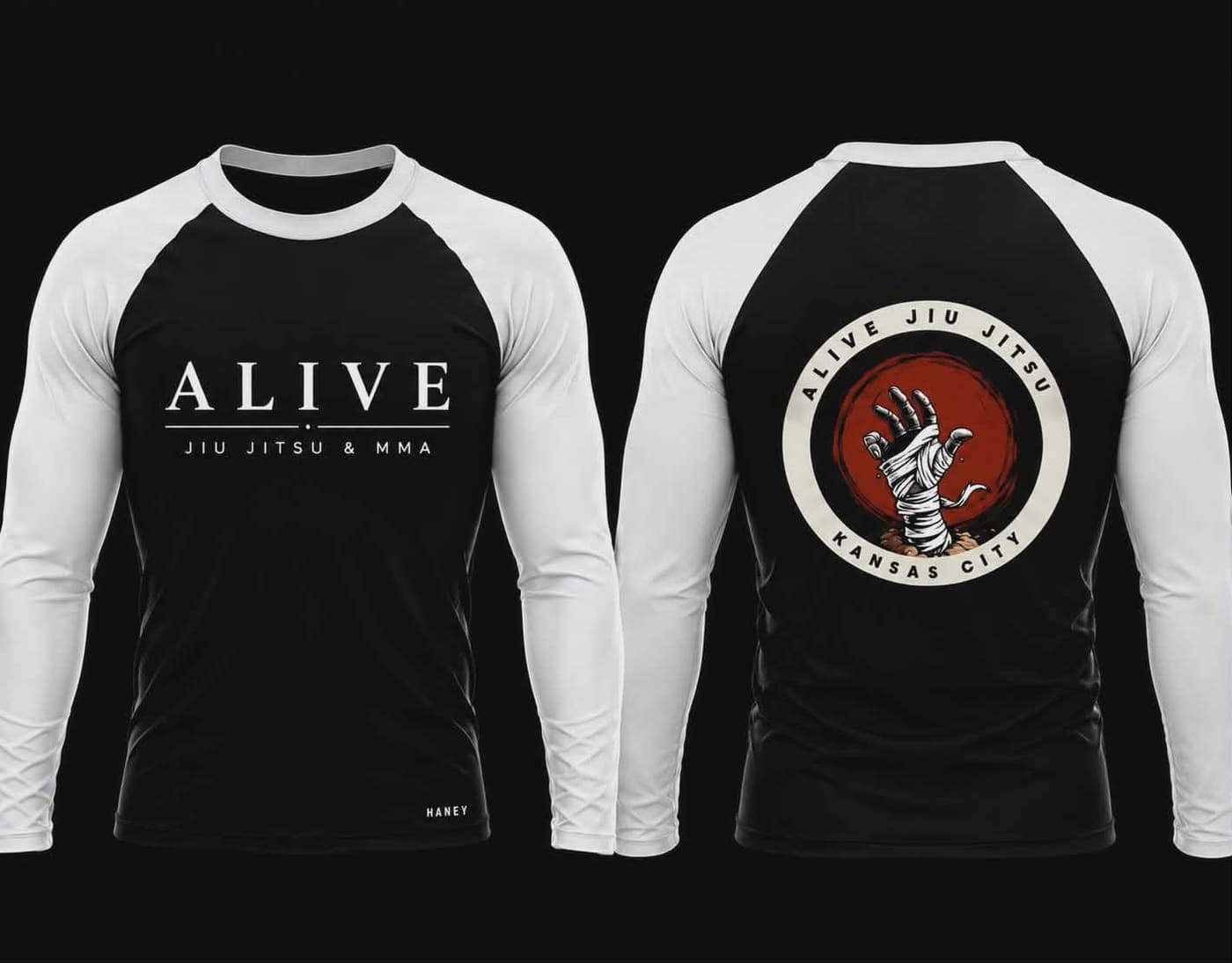 Adult Rash Guards and Shorts: White belt rash guard, front and back