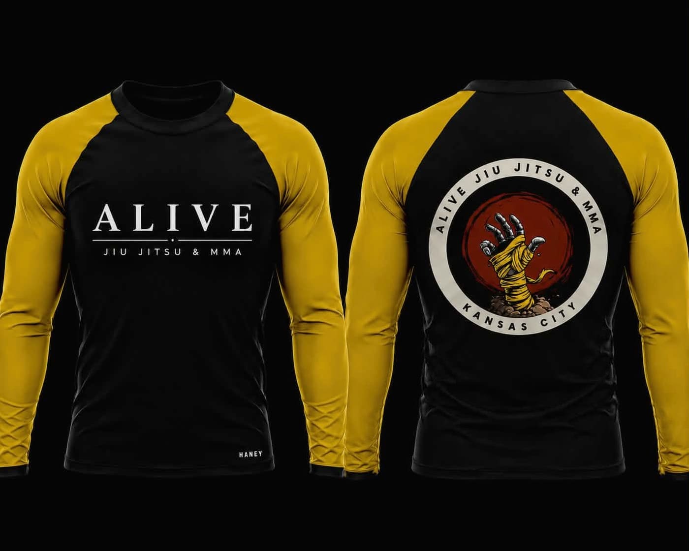 Kids Rash Guards and Shorts: Kids yellow belt rash guard, front and back